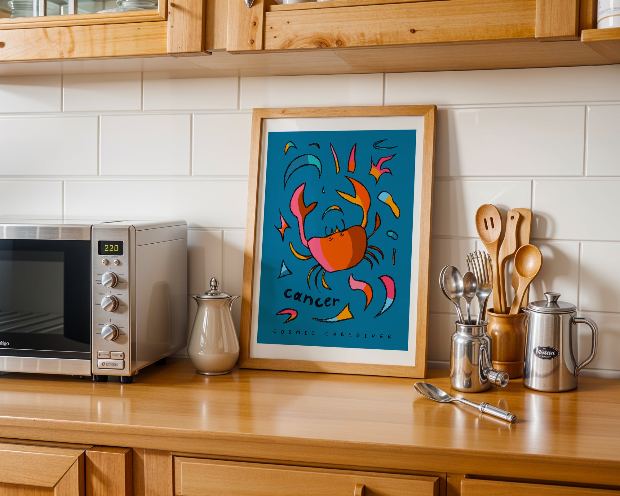 Cancer zodiac art print of crab with the cancer trait cosmic caregiver written under the hand-drawn crab.