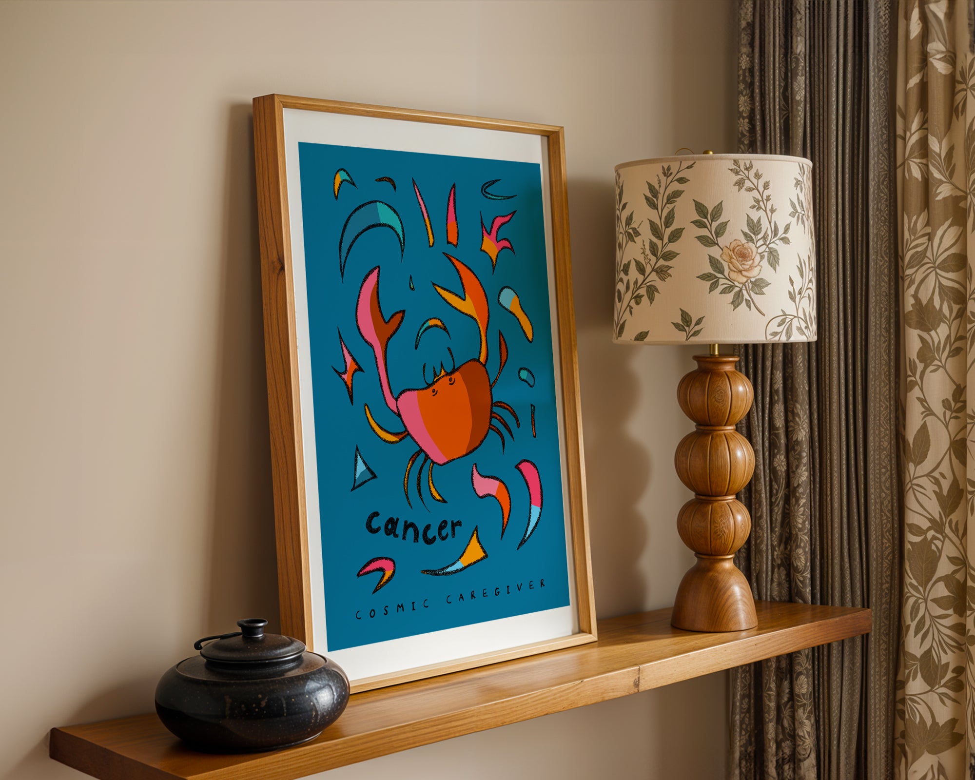 Cancer zodiac art print of crab with the cancer trait cosmic caregiver written under the hand-drawn crab.