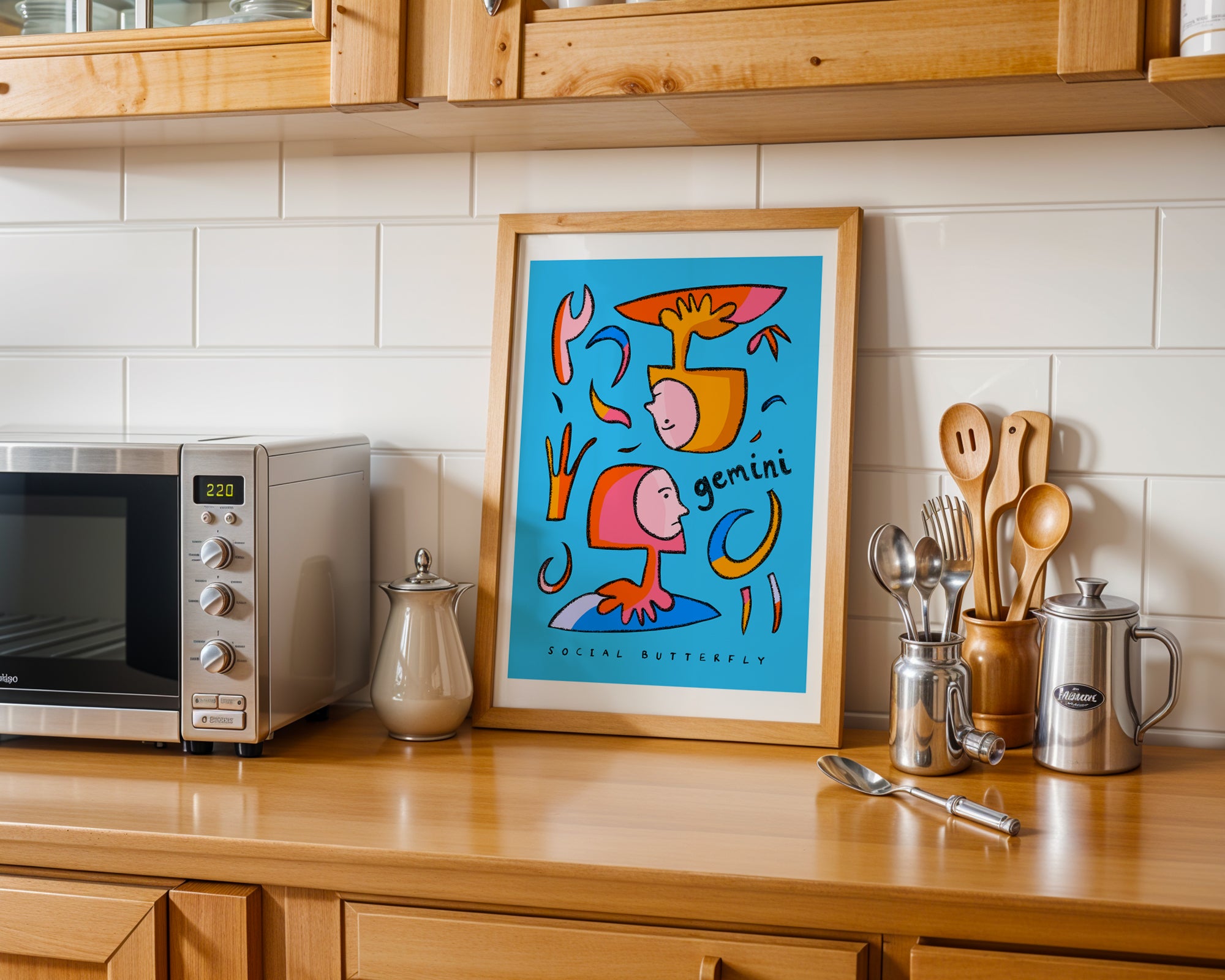 Gemini art print with the gemini trait social butterfly written underneath the hand-drawn illustration on a blue background.