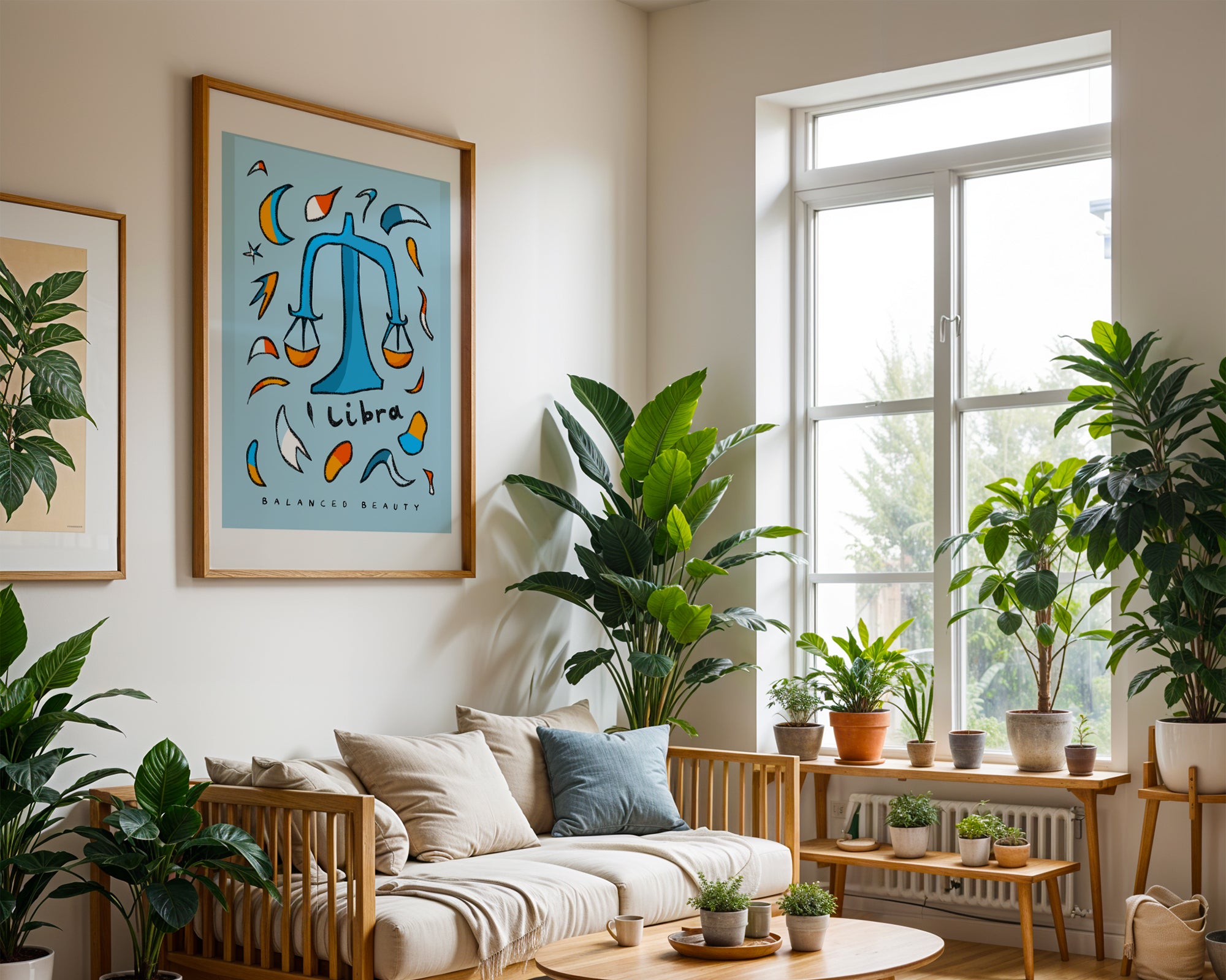Libra zodiac art print with the libra trait balanced beauty written underneath the hand-drawn illustration on a blue background.