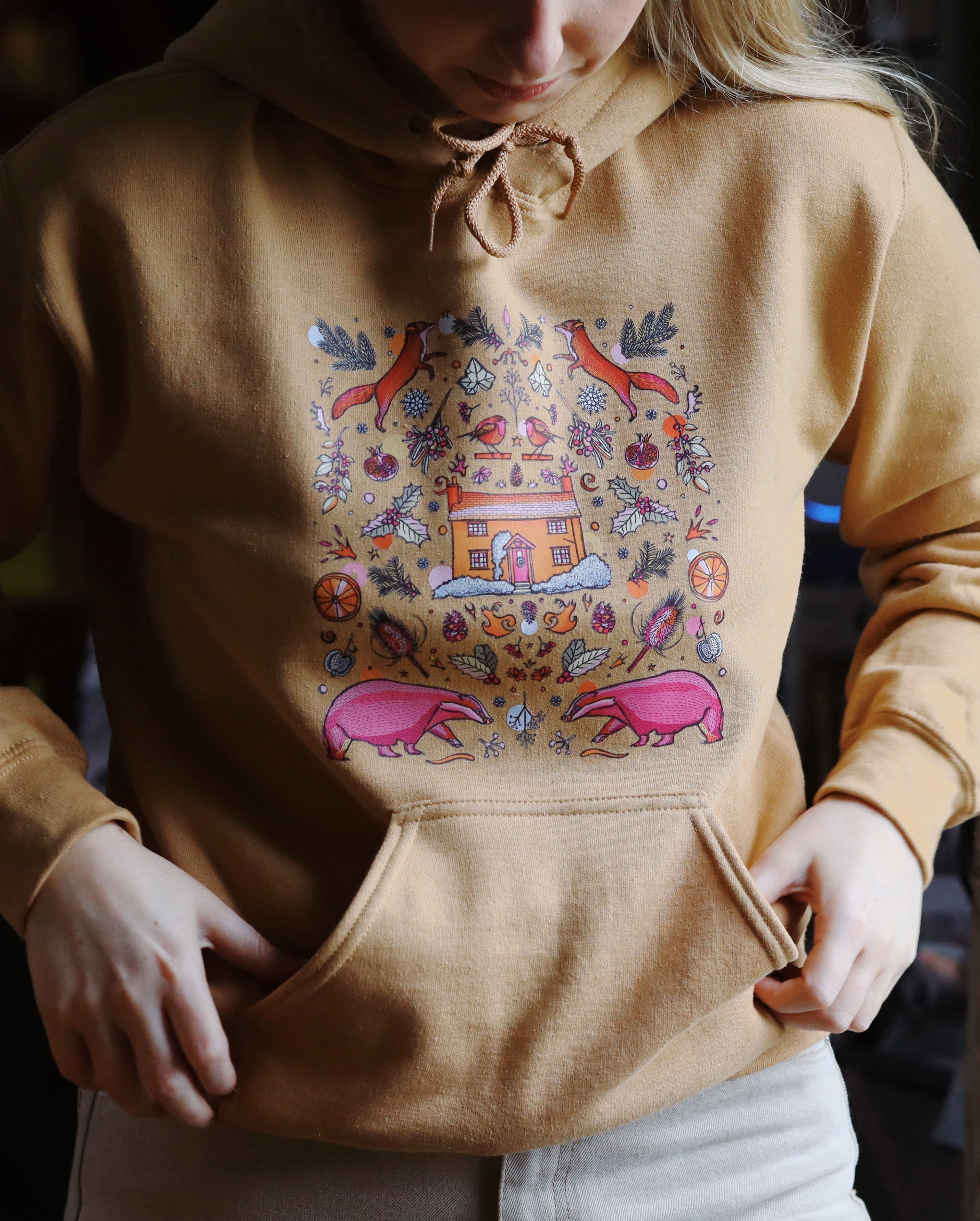 badger hoodie, winter hoodie, mustard hoodie, fox jumper, cute winter ootd