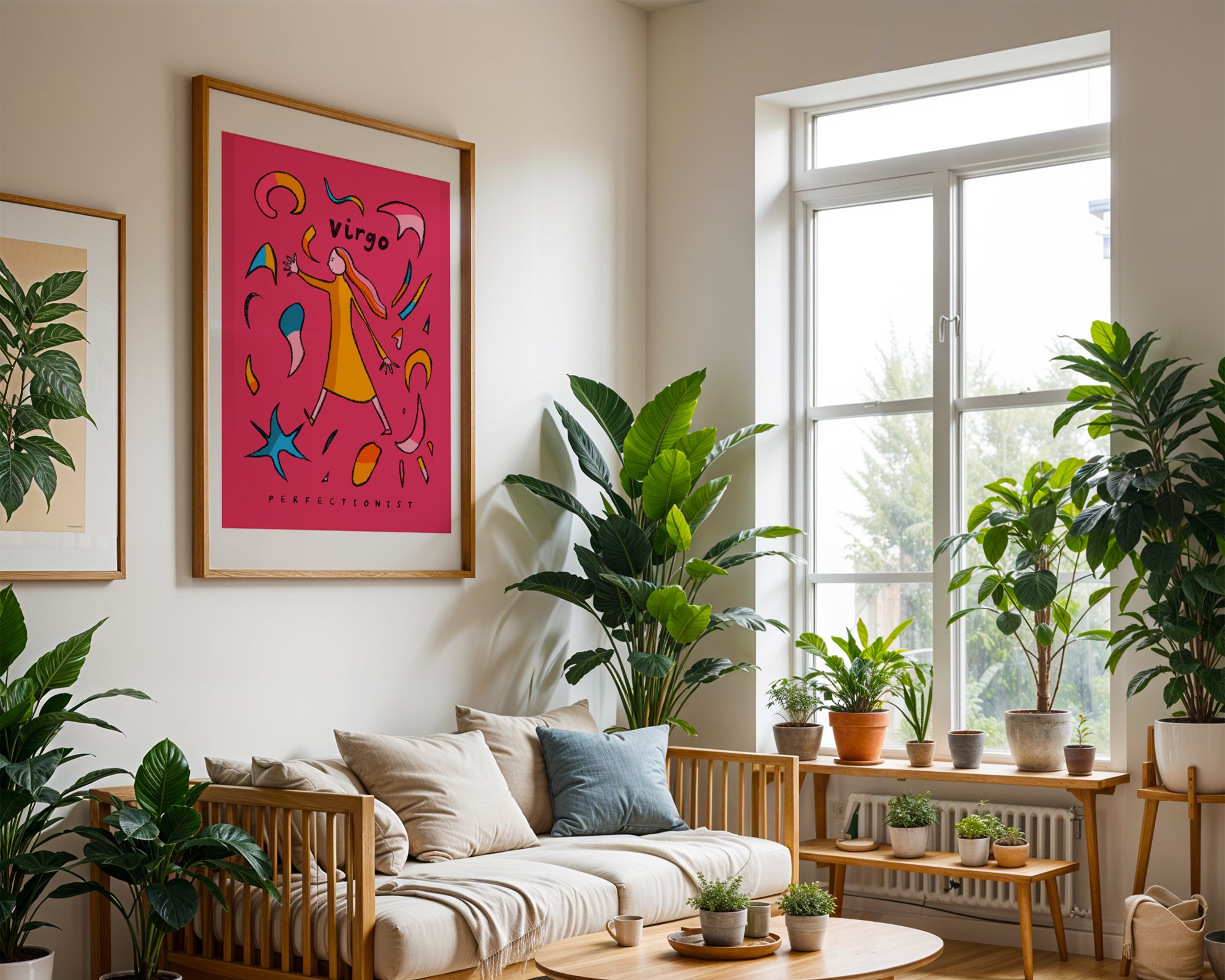 Virgo zodiac art print on a pink background with the virgo trait perfectionist written underneath.