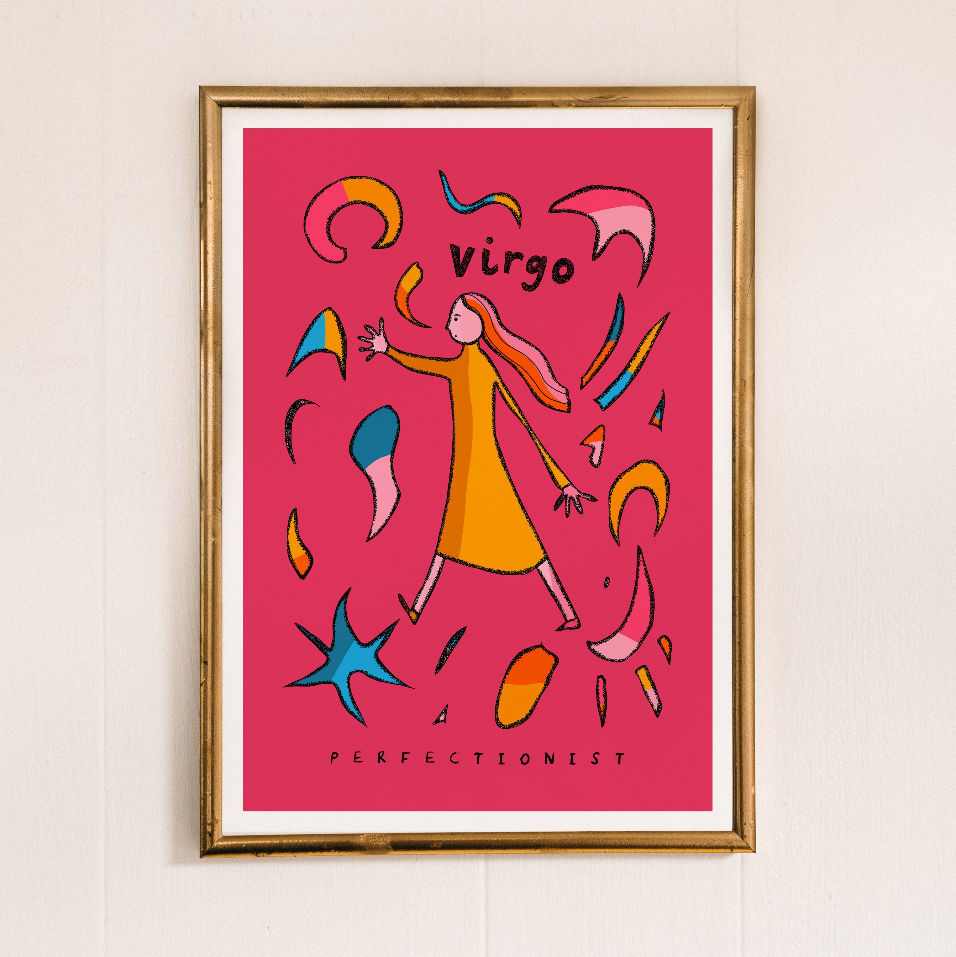 Virgo zodiac art print on a pink background with the virgo trait perfectionist written underneath.