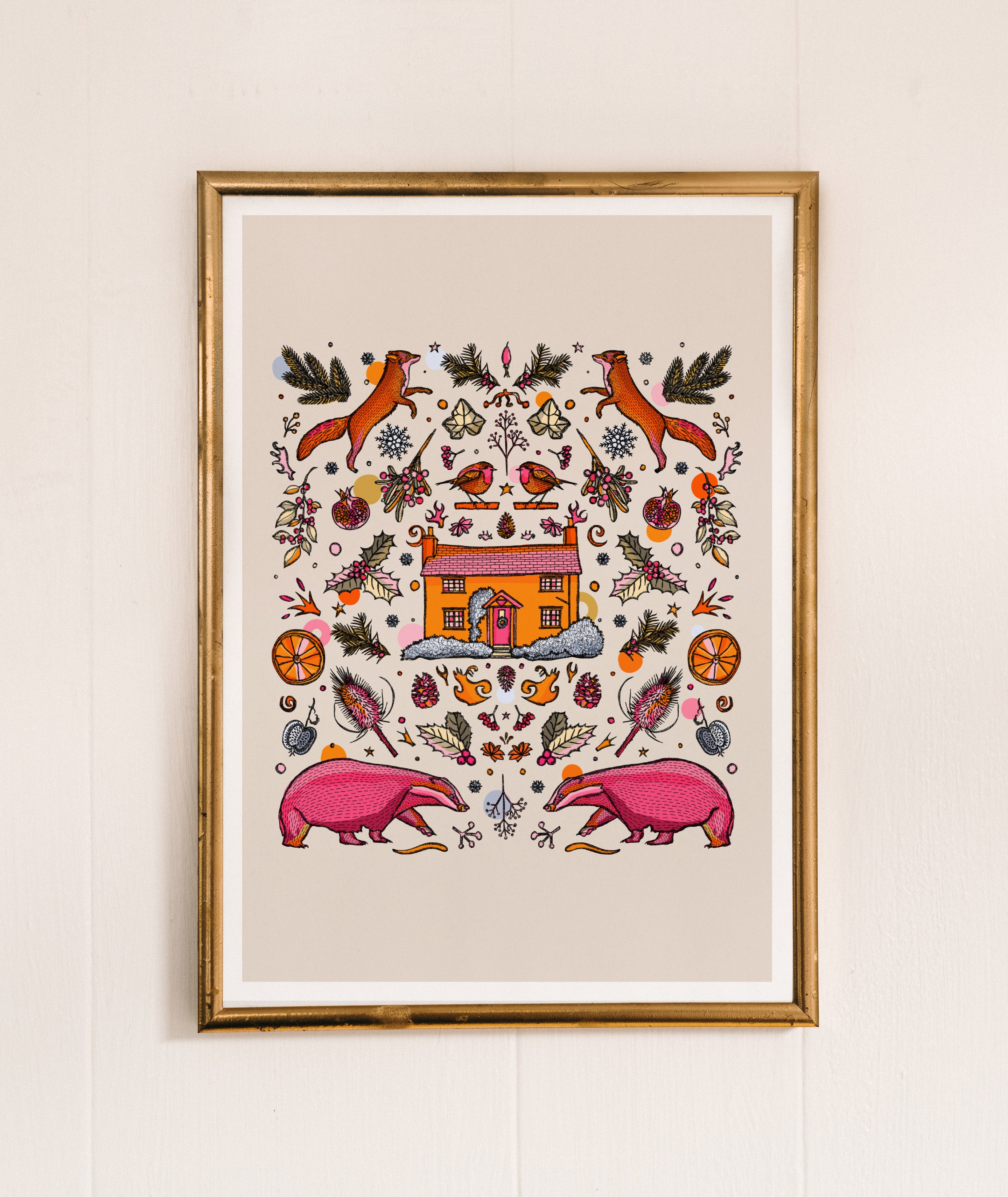 winter art print, badger art, fox drawing, statement wall art, nursery decor, cute wall art