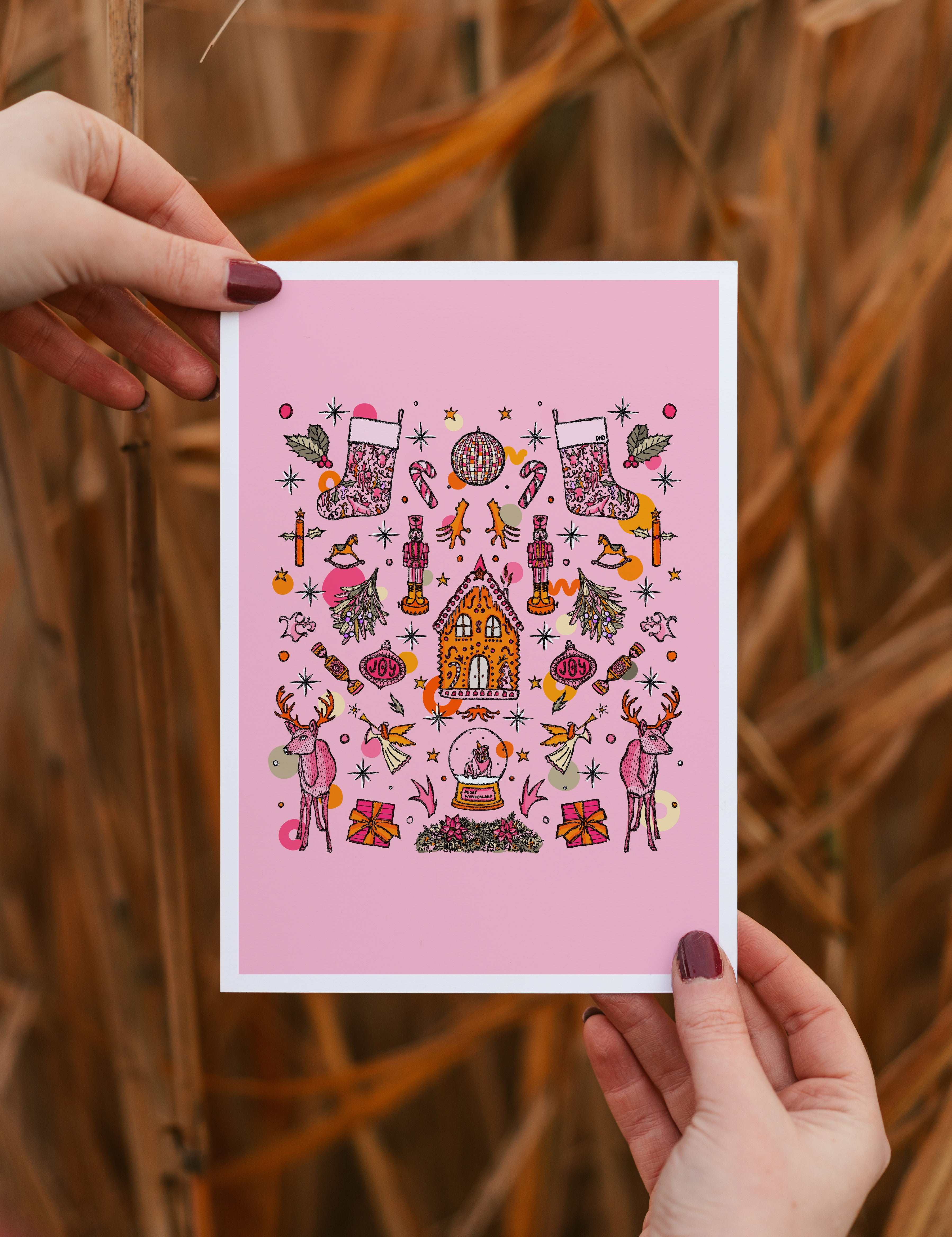 christmas decor, pink statement wall art, gingerbread house, nursery decor