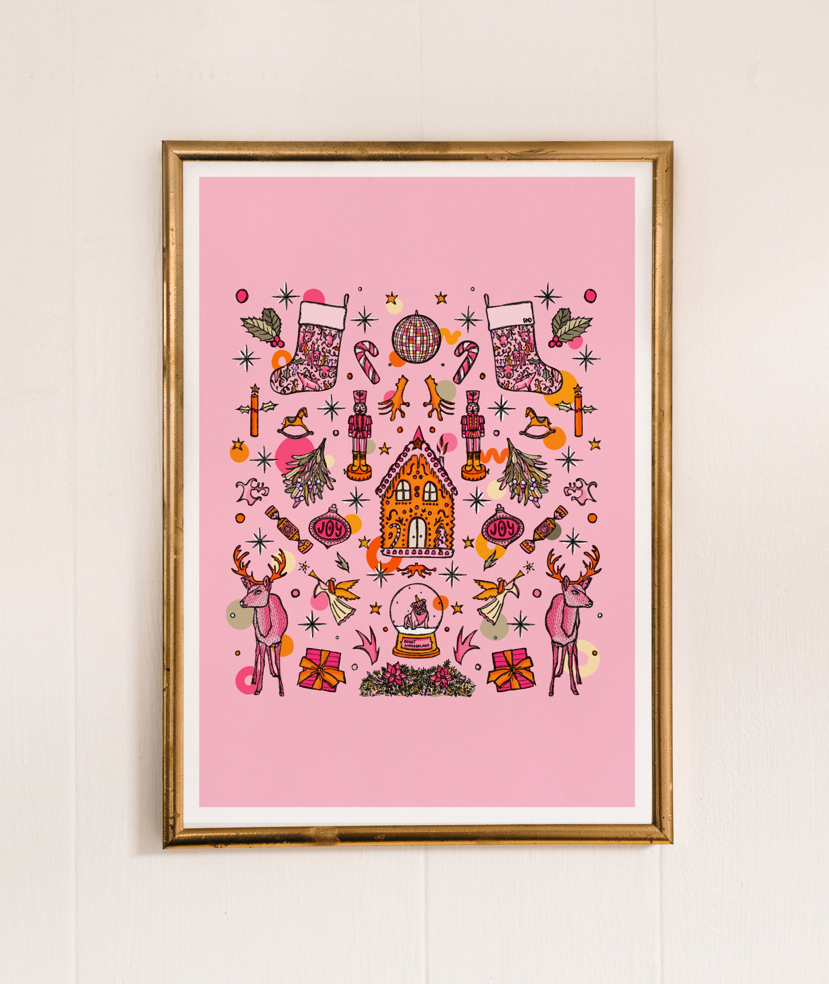 christmas decor, pink statement wall art, gingerbread house, nursery decor
