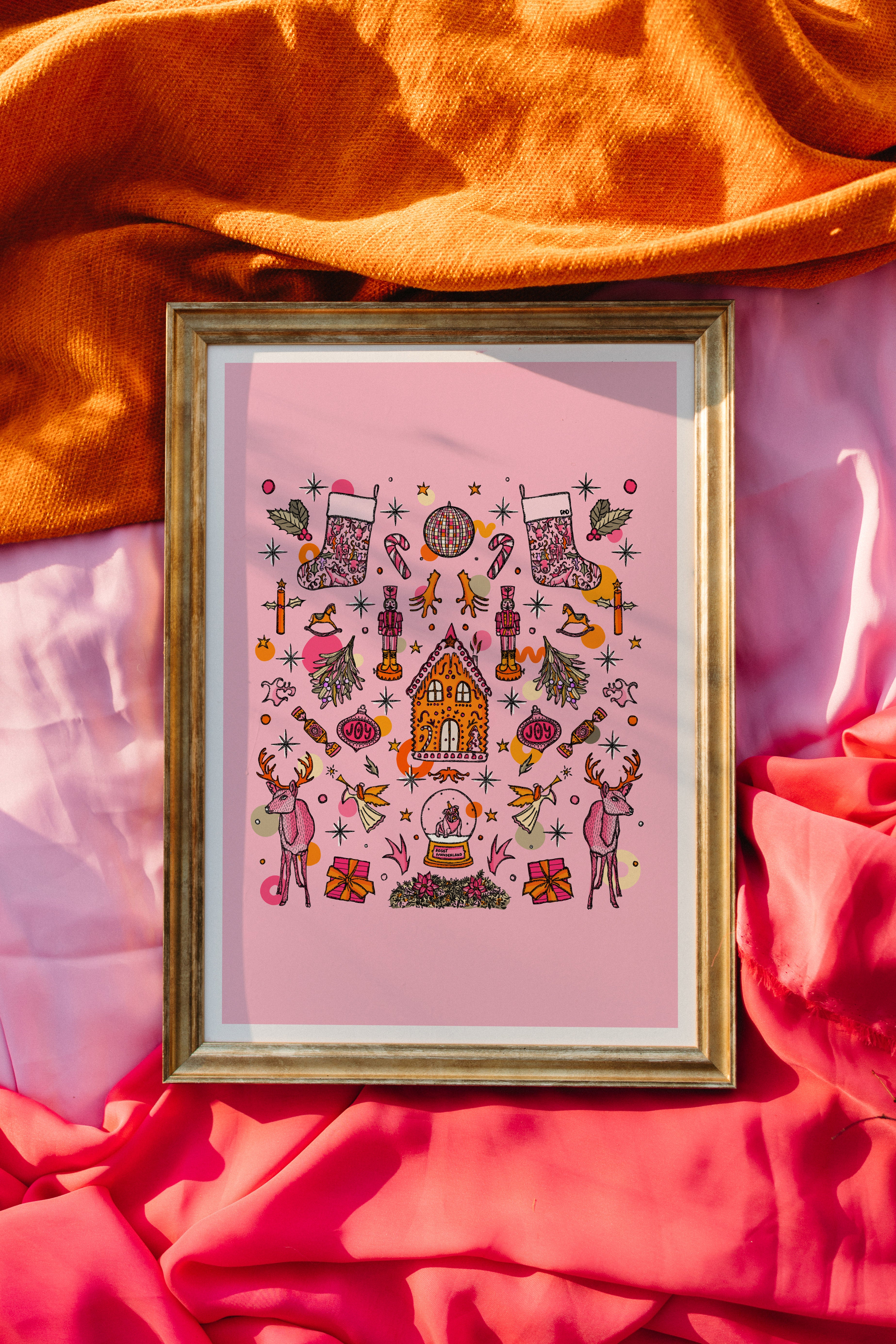christmas decor, pink statement wall art, gingerbread house, nursery decor
