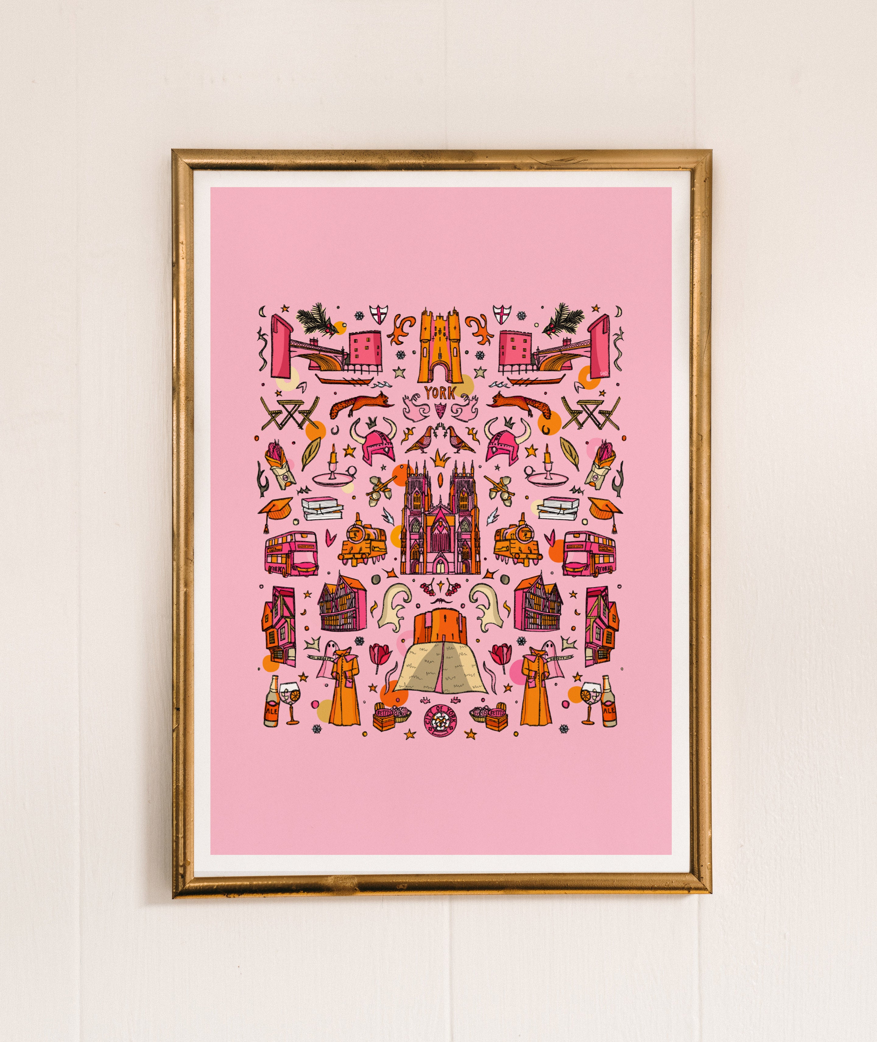 york art print, pink statement art. york minster print, map of york, york castle art