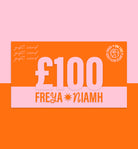 Gift card with £100 value for Freya Niamh on an orange and pink background