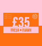 Gift card with £35 value for Freya Niamh on an orange and pink background