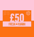 Orange gift card with £50 value and 'FREYA NIAMH' branding on a pink background
