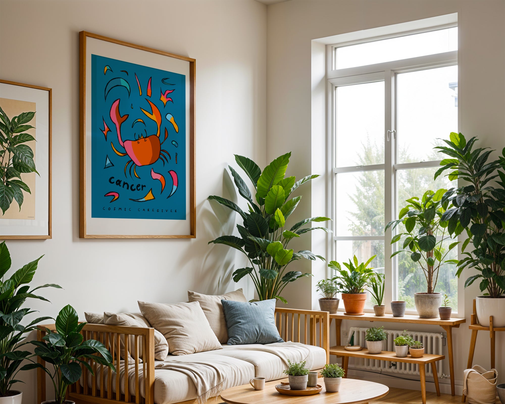 Cancer zodiac art print of crab with the cancer trait cosmic caregiver written under the hand-drawn crab.