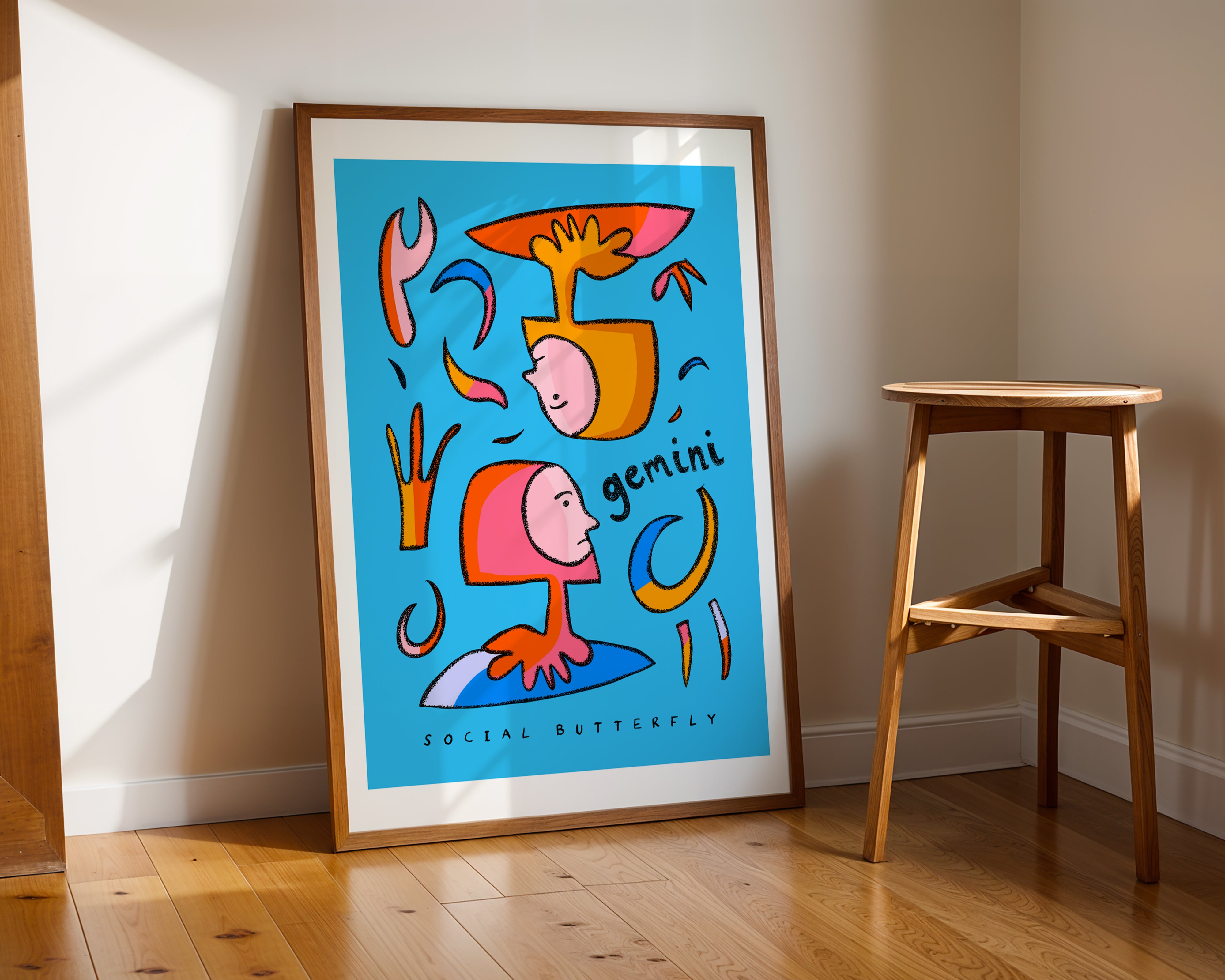Gemini art print with the gemini trait social butterfly written underneath the hand-drawn illustration on a blue background.