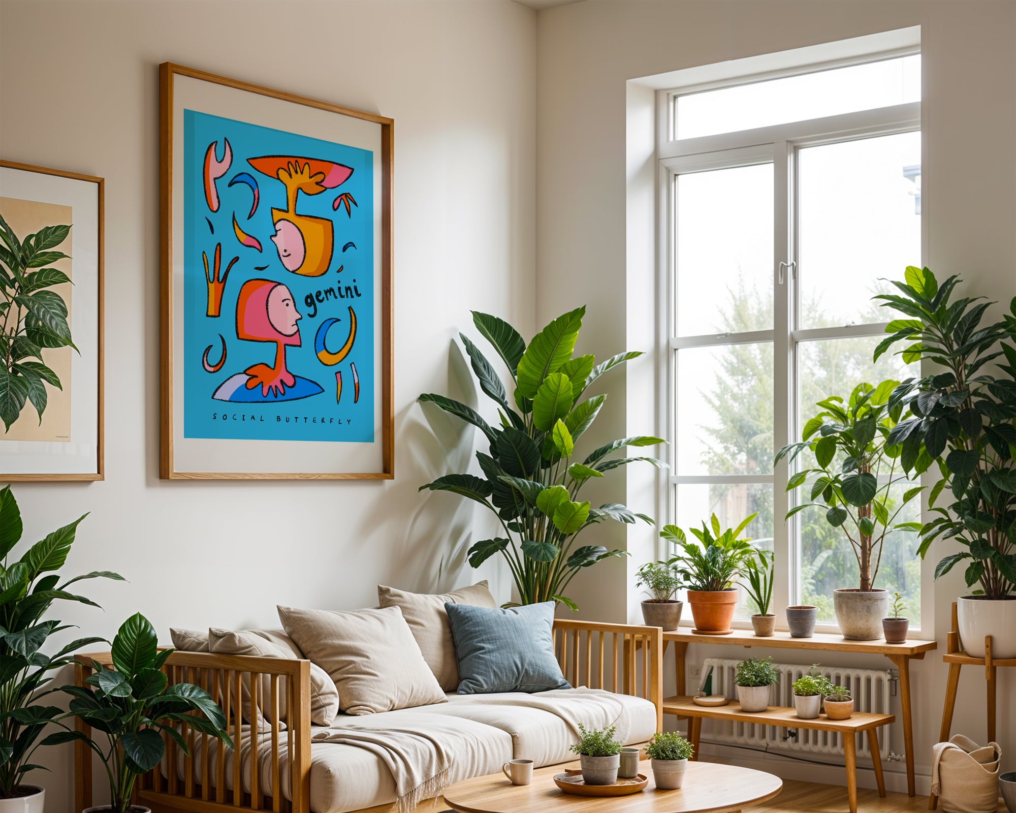 Gemini art print with the gemini trait social butterfly written underneath the hand-drawn illustration on a blue background.