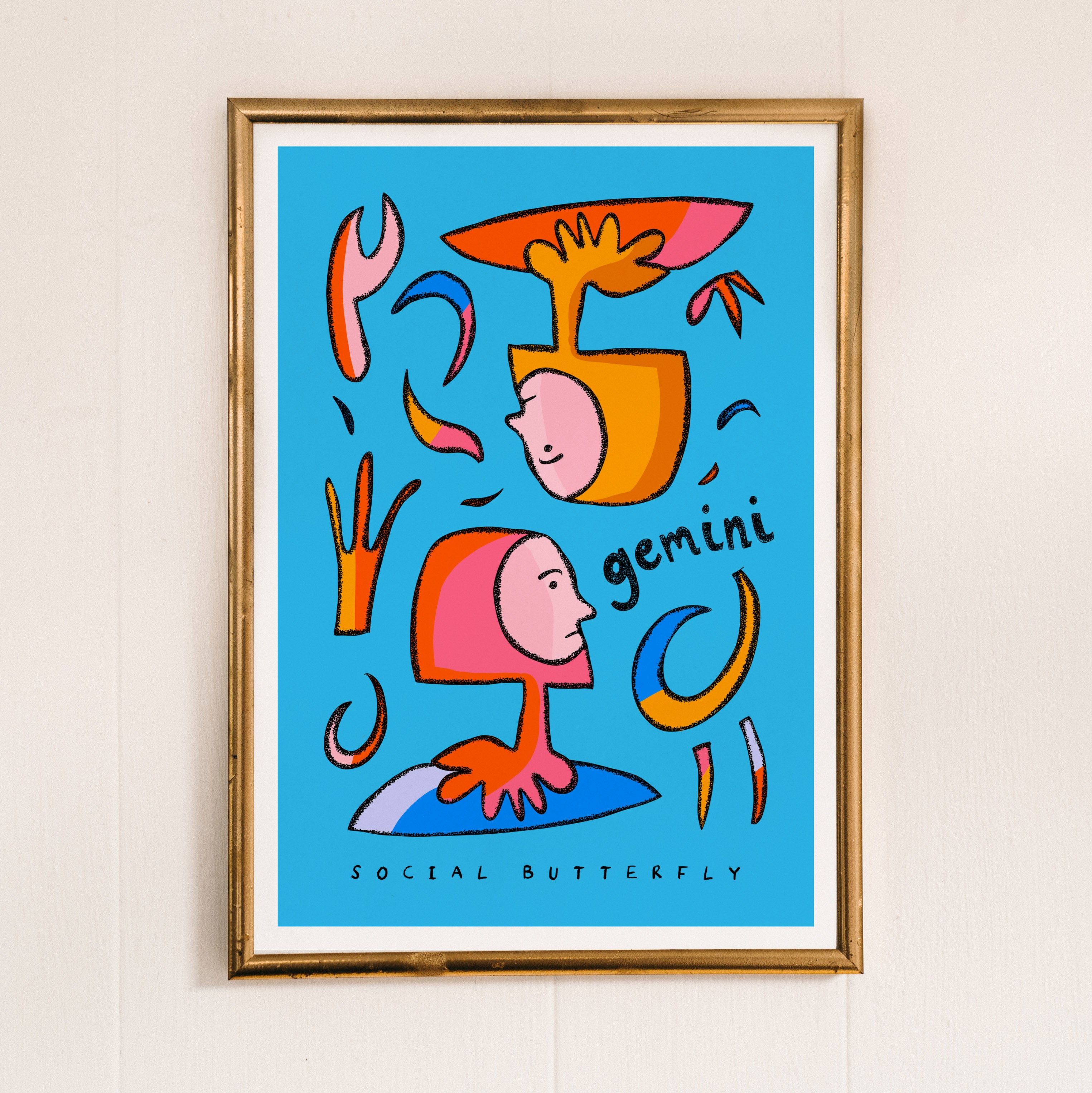 Gemini art print with the gemini trait social butterfly written underneath the hand-drawn illustration on a blue background.