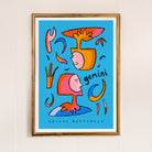 Gemini art print with the gemini trait social butterfly written underneath the hand-drawn illustration on a blue background.