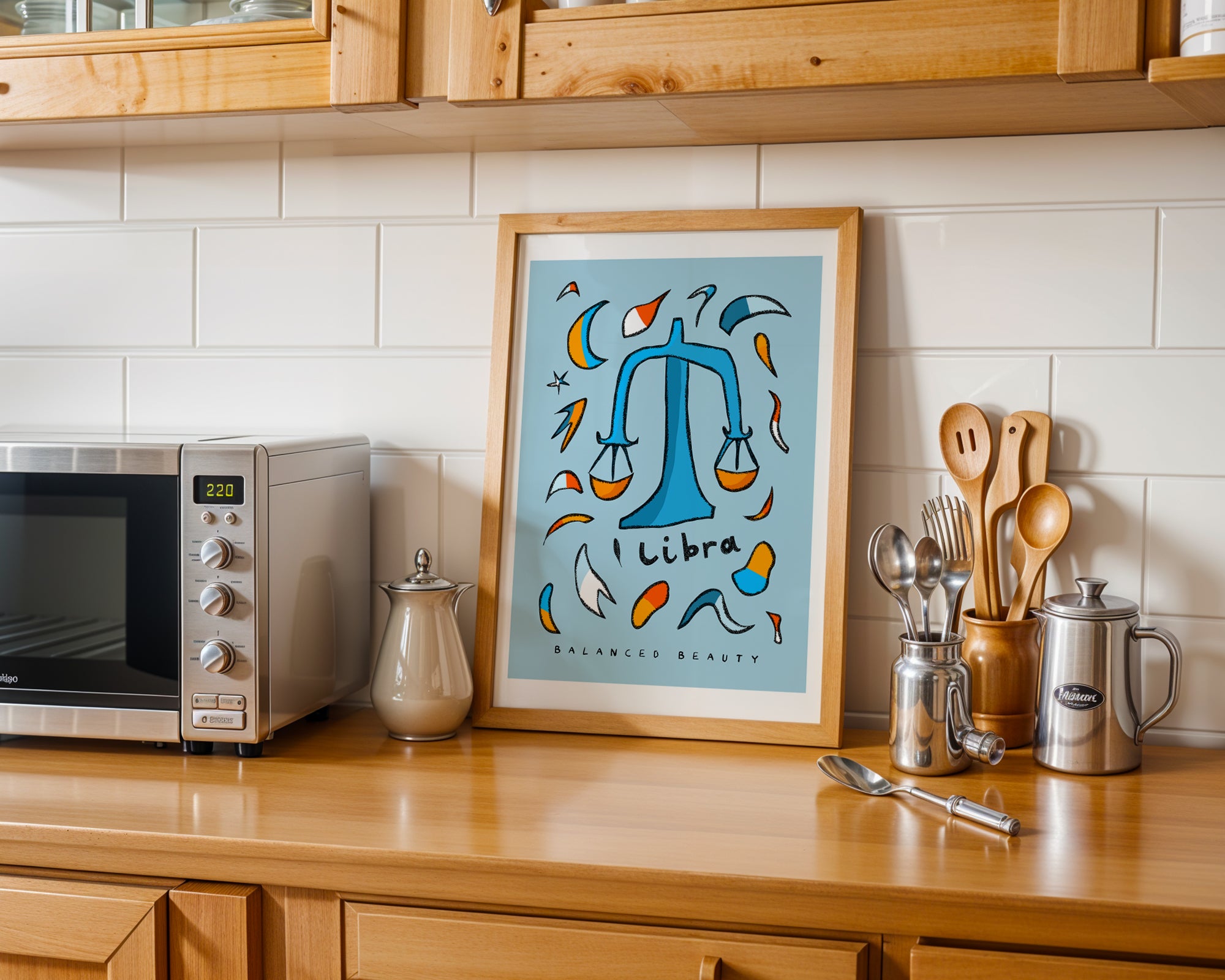 Libra zodiac art print with the libra trait balanced beauty written underneath the hand-drawn illustration on a blue background.