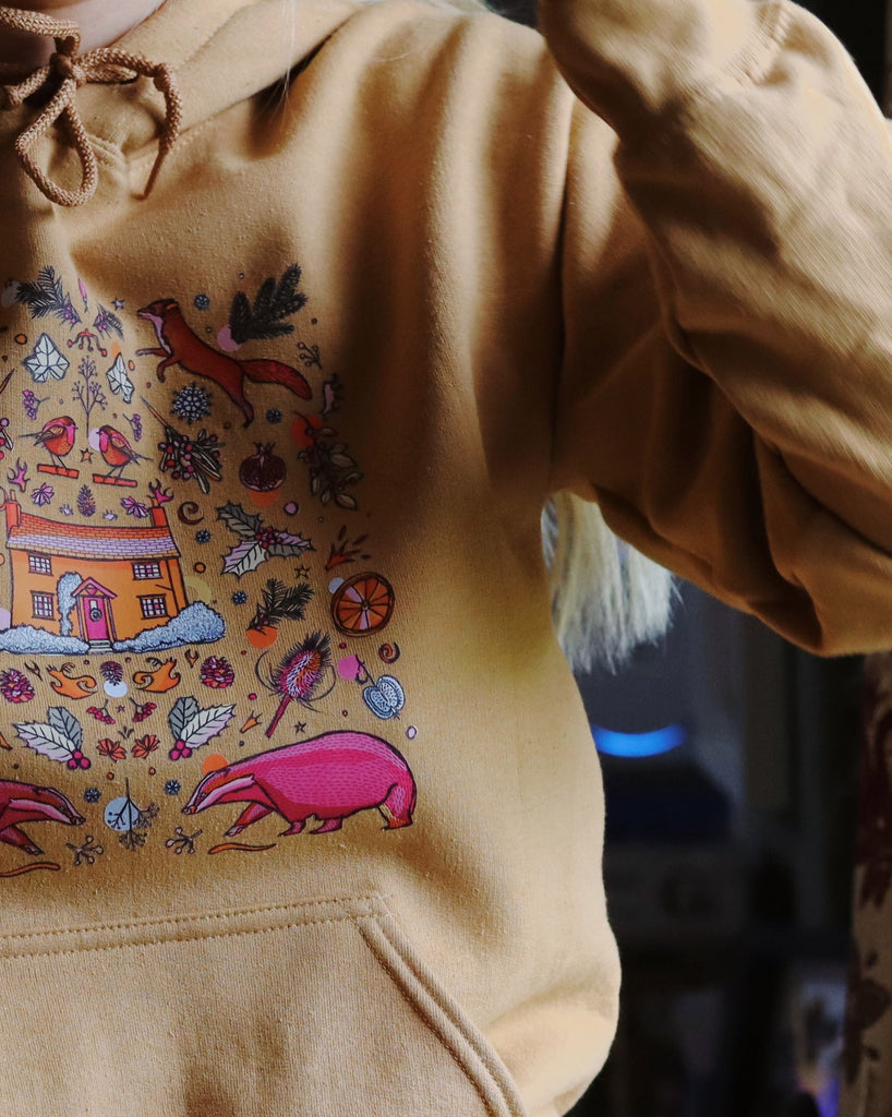 badger hoodie, winter hoodie, mustard hoodie, fox jumper, cute winter ootd