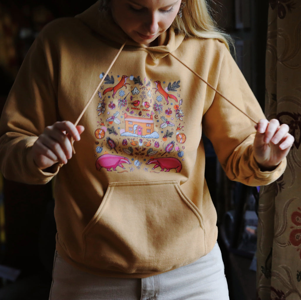 badger hoodie, winter hoodie, mustard hoodie, fox jumper, cute winter ootd