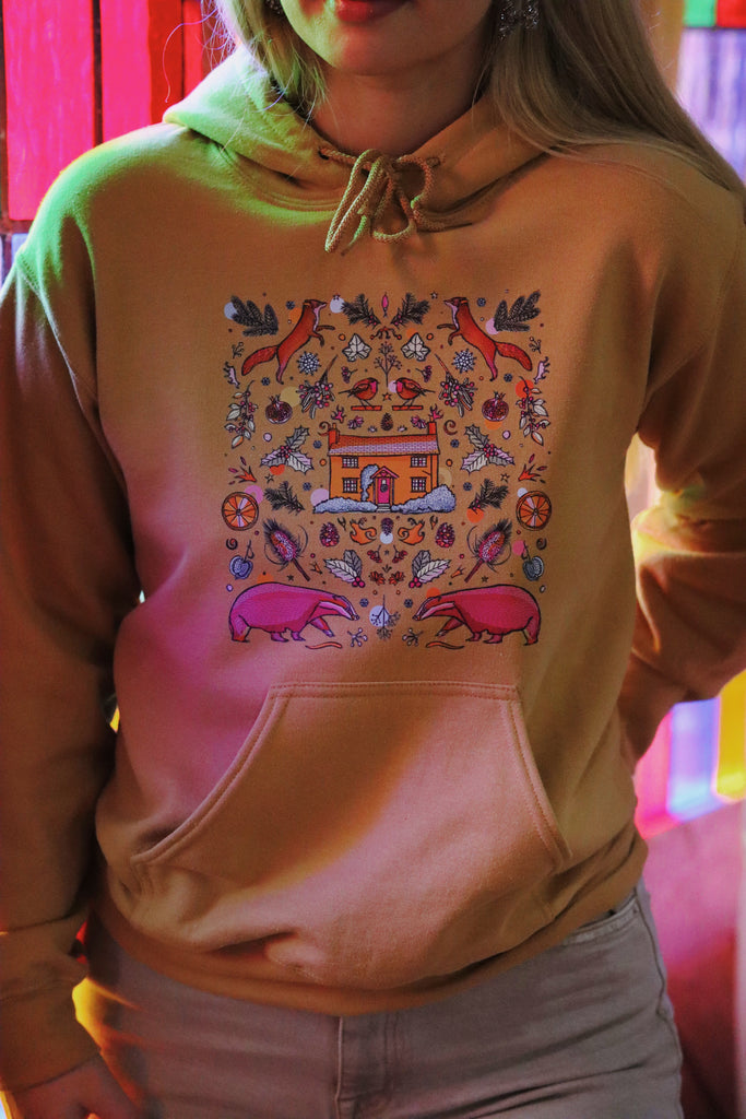 badger hoodie, winter hoodie, mustard hoodie, fox jumper, cute winter ootd