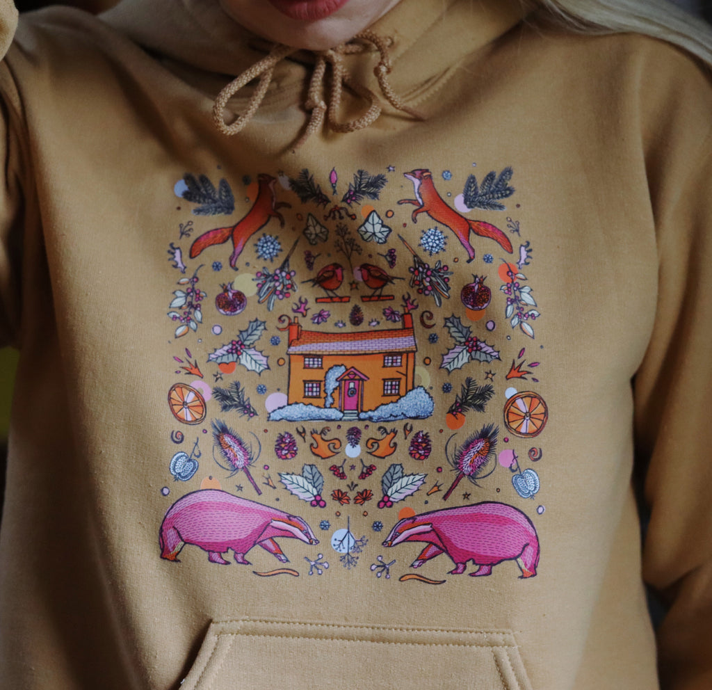 badger hoodie, winter hoodie, mustard hoodie, fox jumper, cute winter ootd