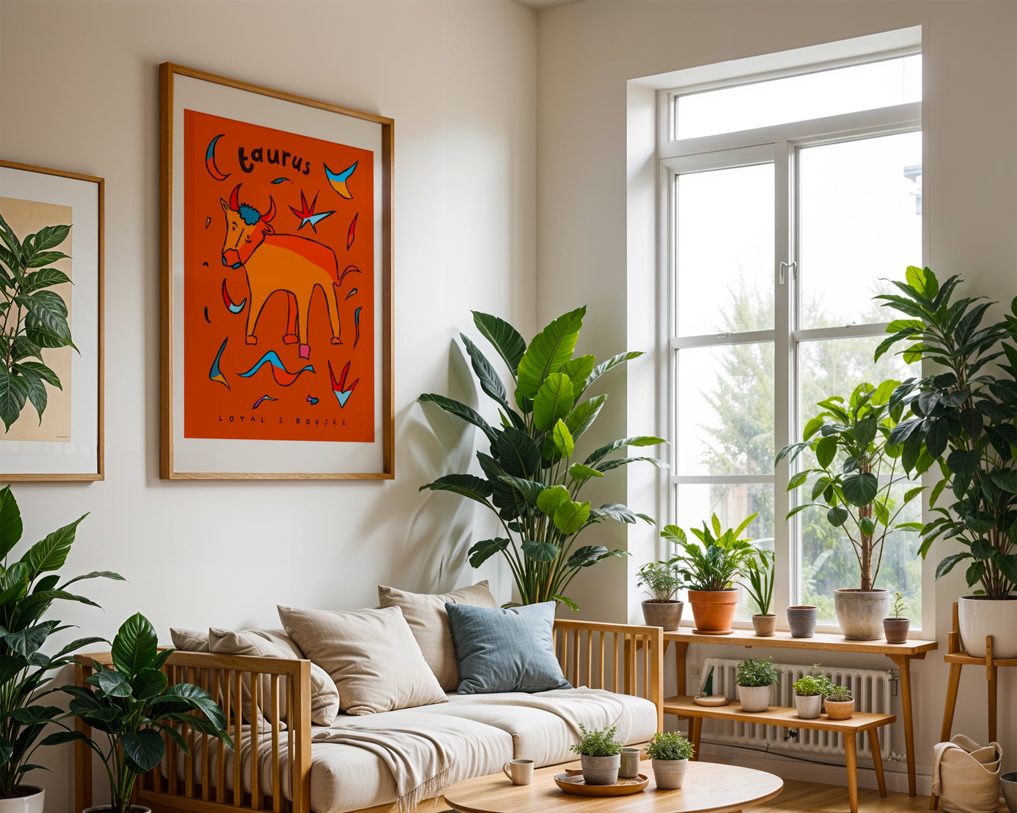 Taurus zodiac art print of a hand-drawn bull with the taurus trait loyal and boujee written underneath on an orange background.