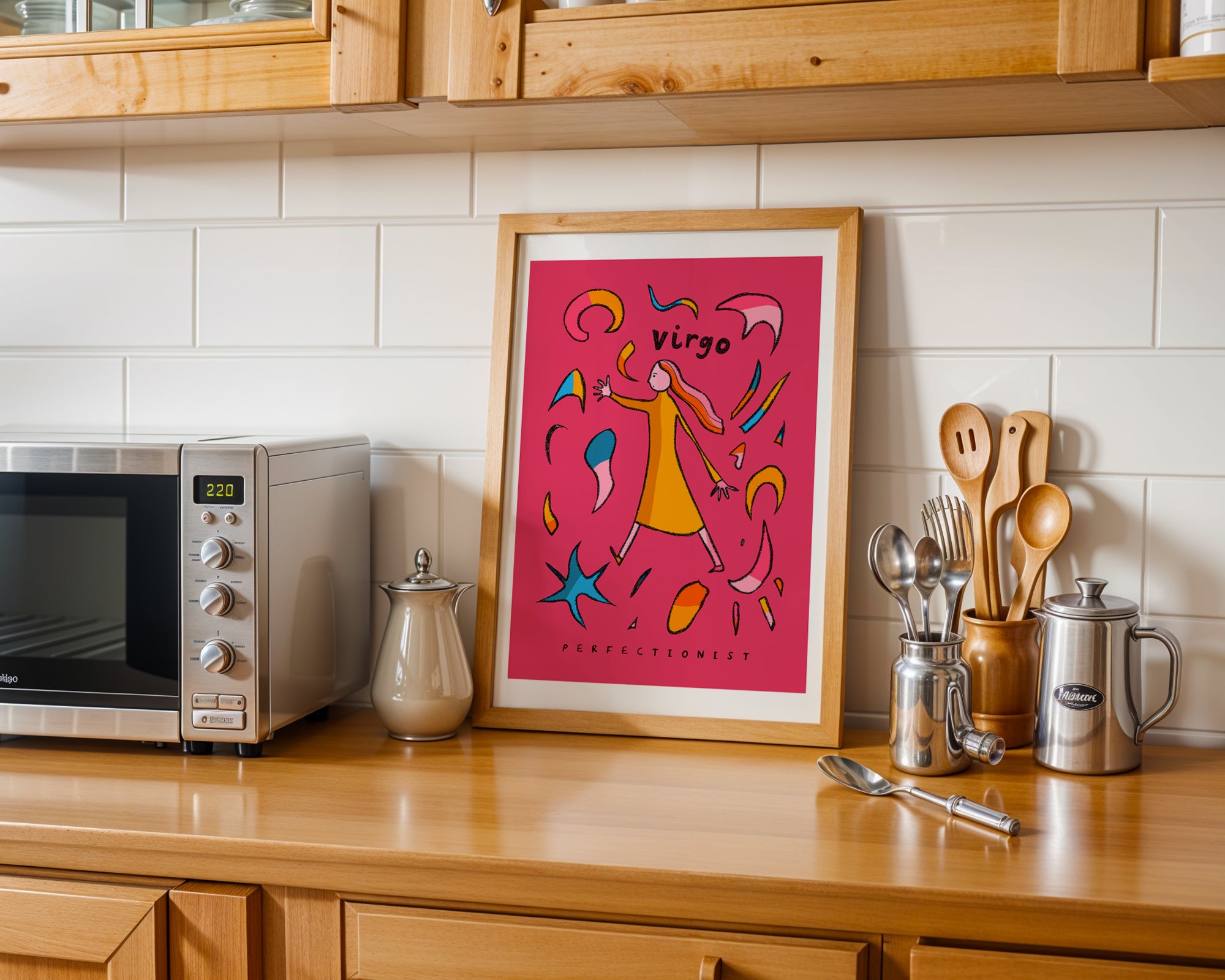 Virgo zodiac art print on a pink background with the virgo trait perfectionist written underneath.
