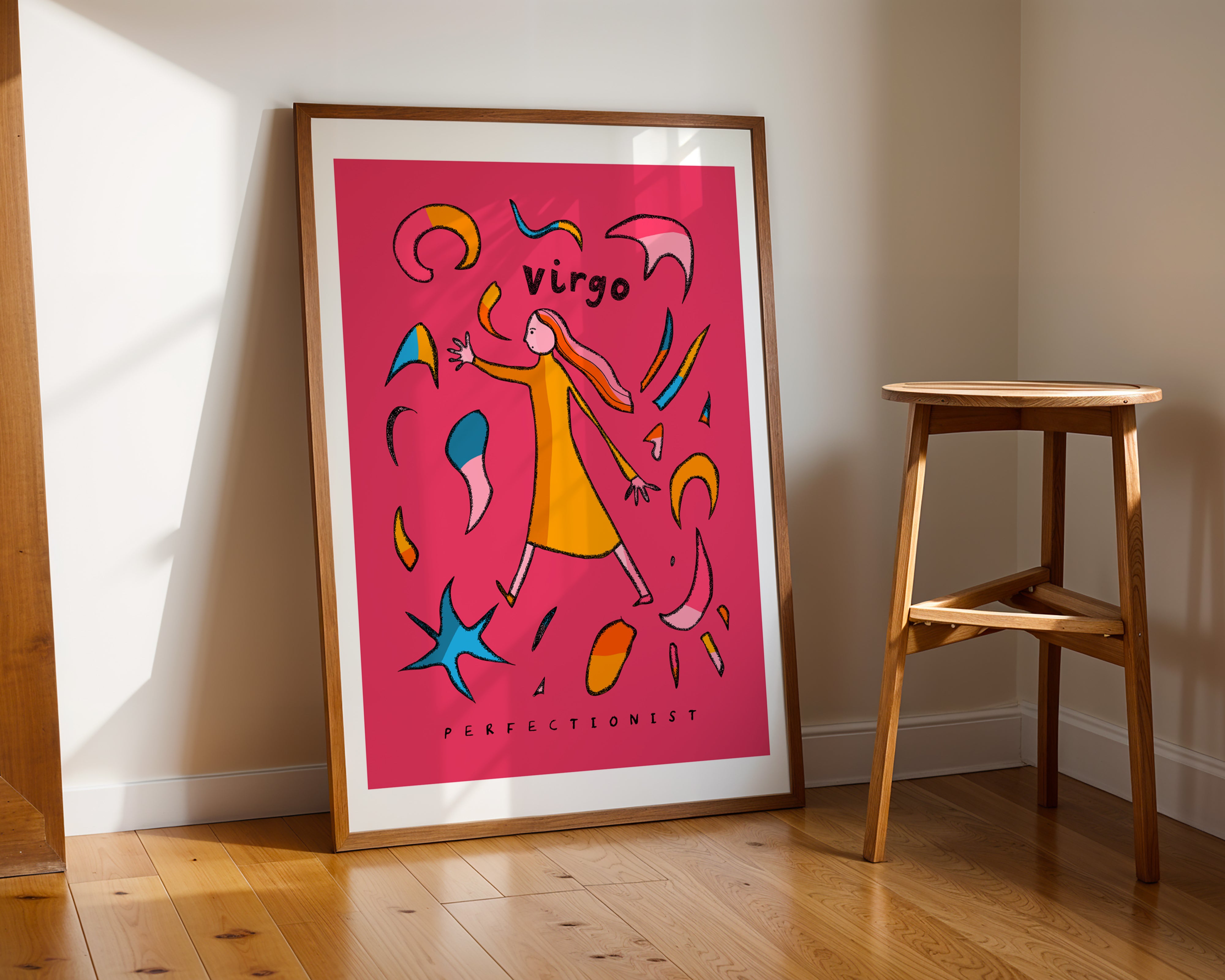 Virgo zodiac art print on a pink background with the virgo trait perfectionist written underneath.
