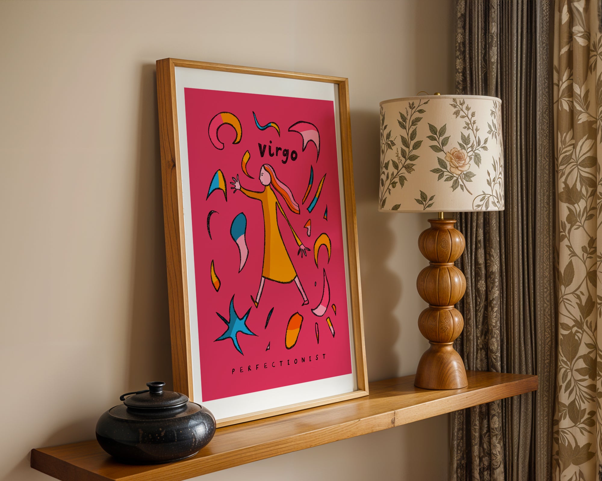 Virgo zodiac art print on a pink background with the virgo trait perfectionist written underneath.