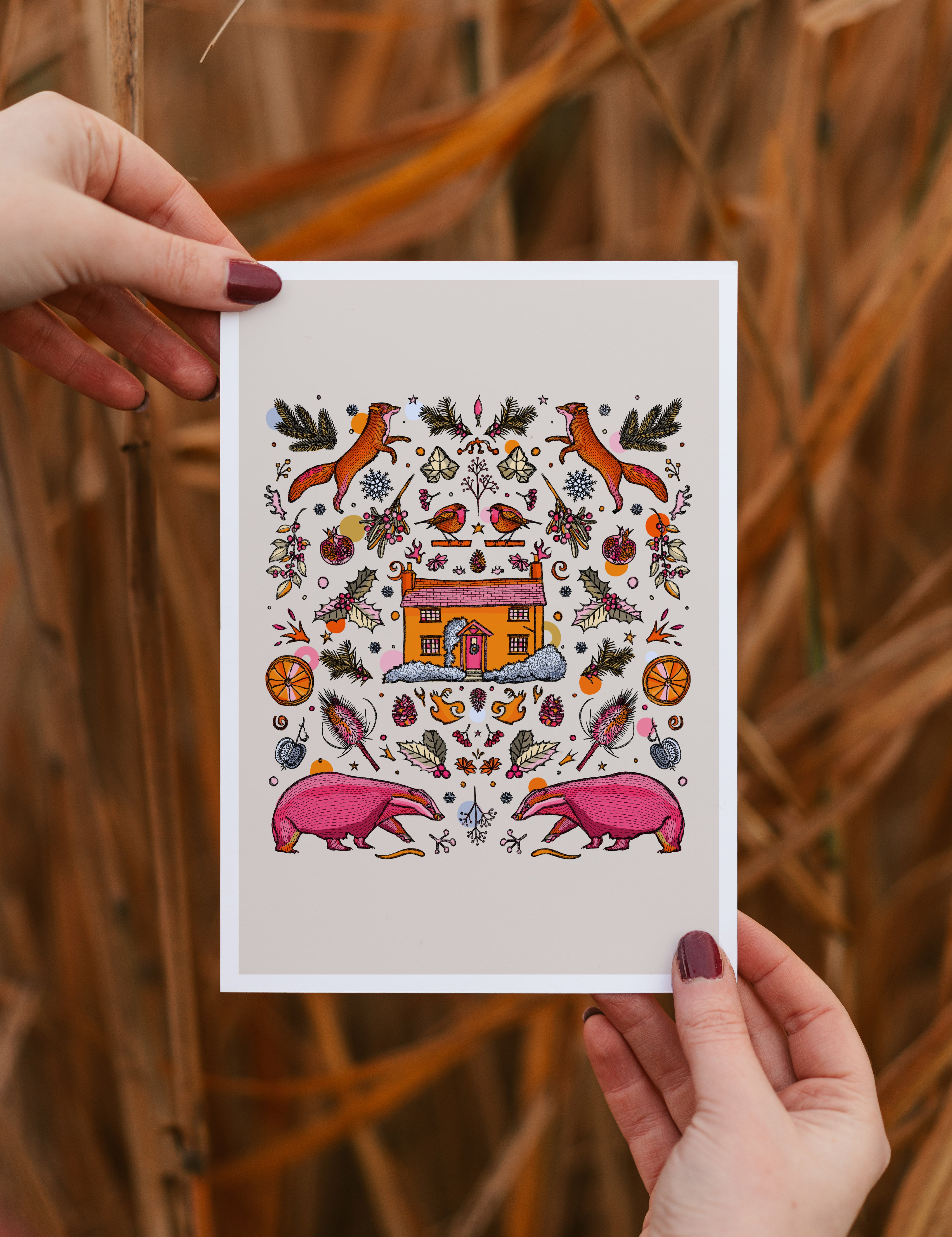 winter art print, badger art, fox drawing, statement wall art, nursery decor, cute wall art