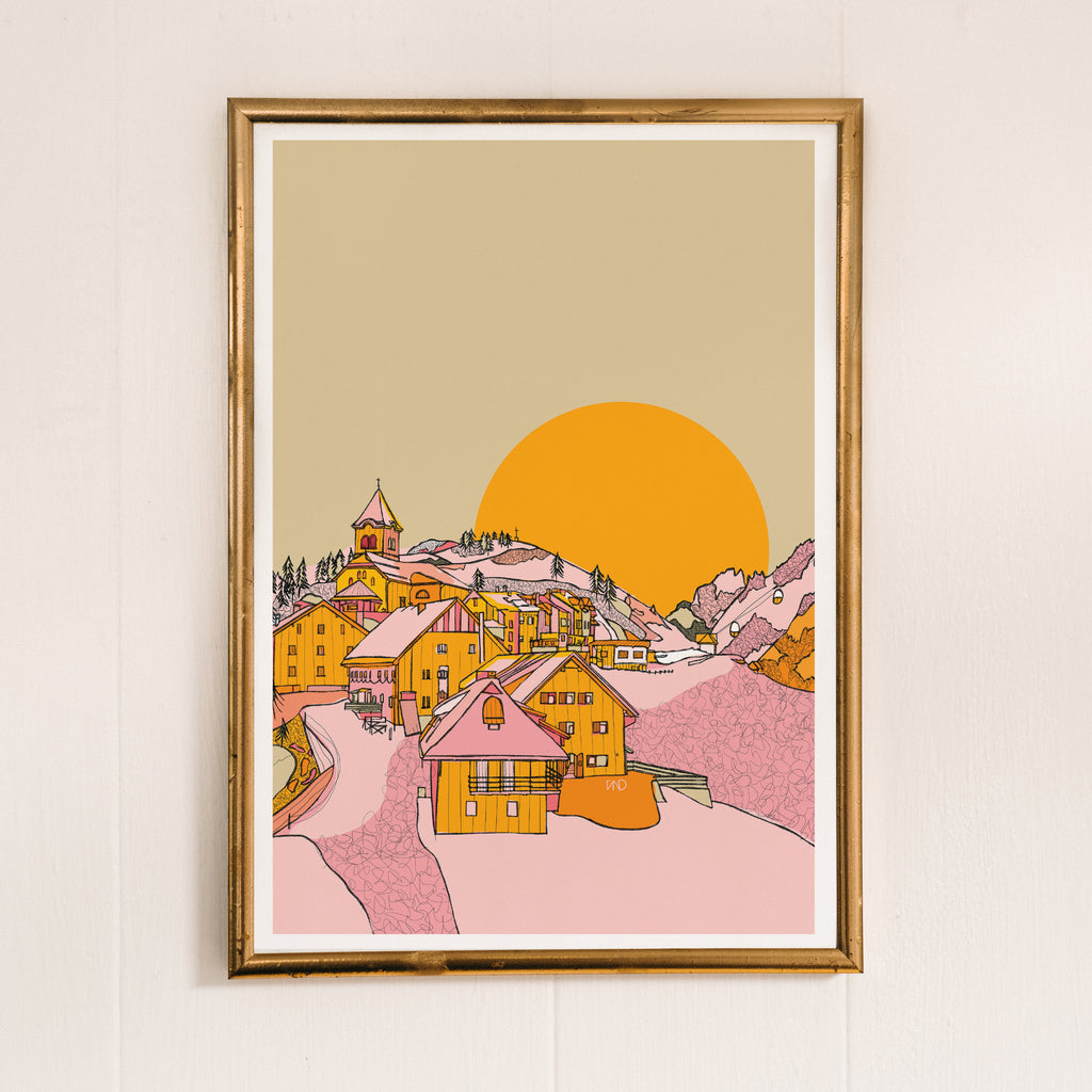Ski village art print